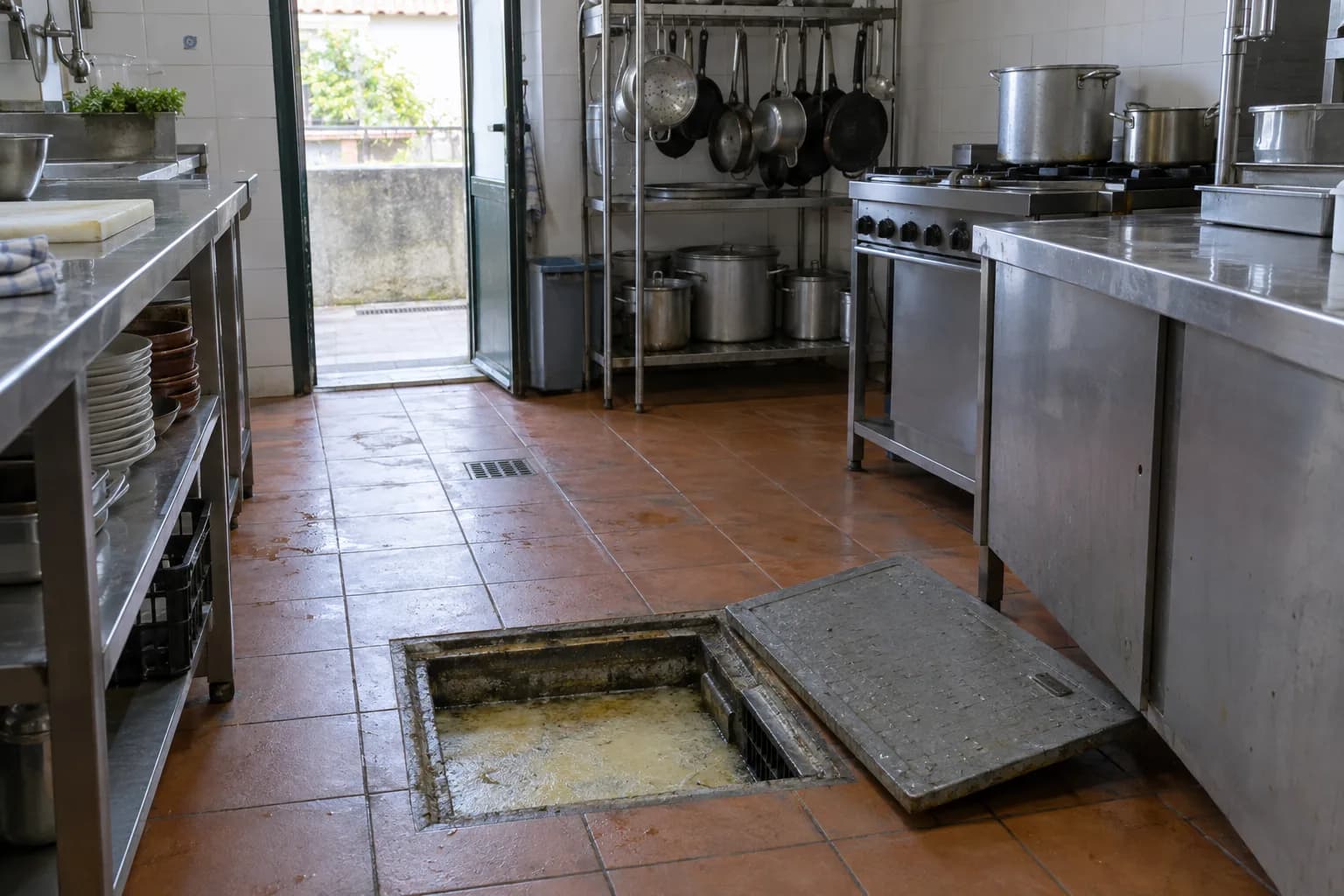 Cozinha de um pequeno restaurante com a tampa de uma caixa de gordura levantada no chão de ladrilho, deixando ver a gordura no interior