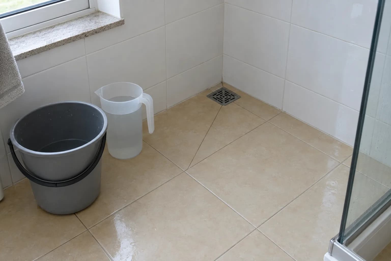 Ralo de pavimento num canto de uma casa de banho com piso bege, junto a um balde e a uma jarra de água