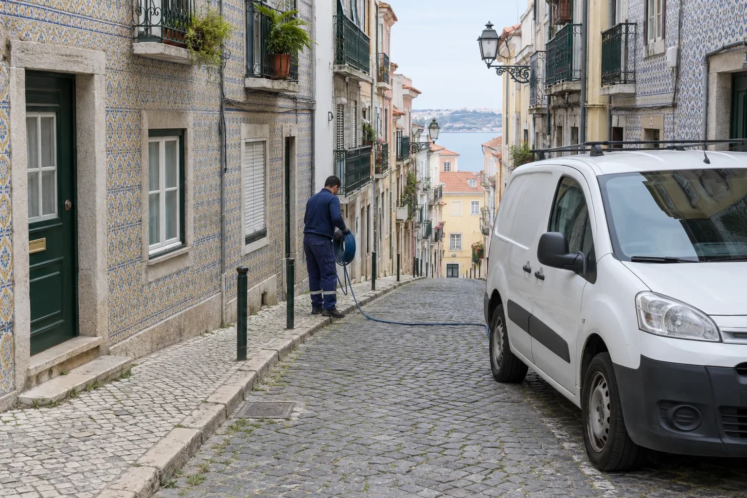 Rua estreita de Lisboa com fachadas de azulejo, uma carrinha branca estacionada e um técnico a desenrolar uma mangueira