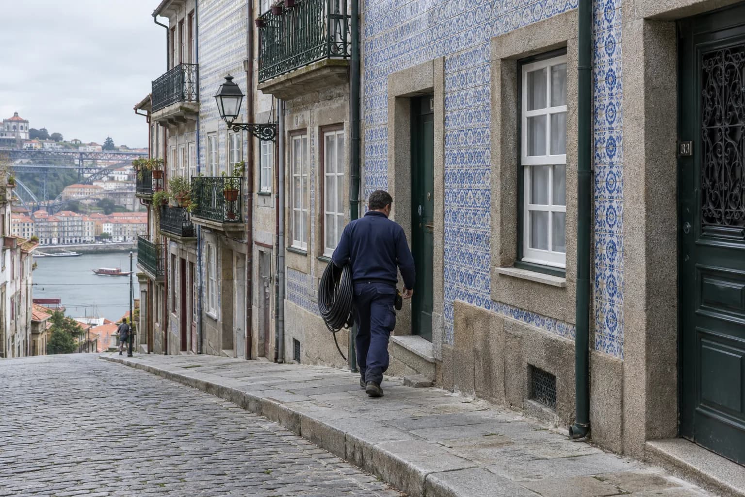 Rua inclinada do Porto com casas de granito e azulejo e um técnico a caminhar com um rolo de cabo de desentupir