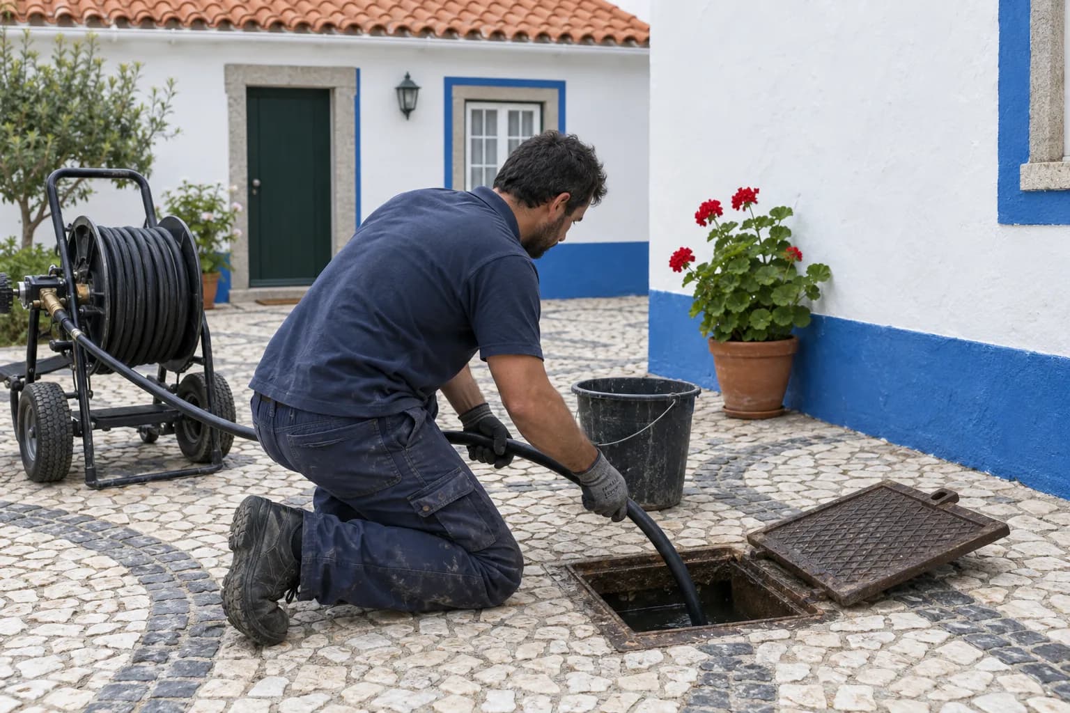 Canalizador ajoelhado num pátio de uma casa caiada, a passar uma mangueira de hidrojato por uma caixa de esgoto aberta.