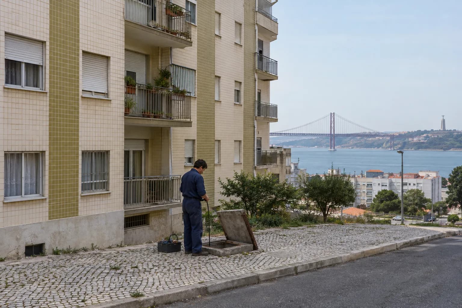 Prédio dos anos 70 na margem sul do Tejo com um técnico junto a uma caixa de acesso aberta no passeio