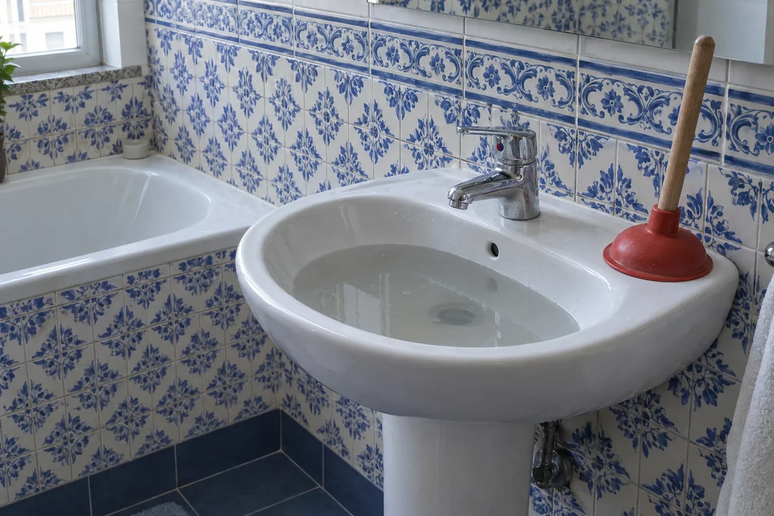 Lavatório de casa de banho com azulejos azuis e brancos, com água parada na cuba e um desentupidor de ventosa pousado na borda