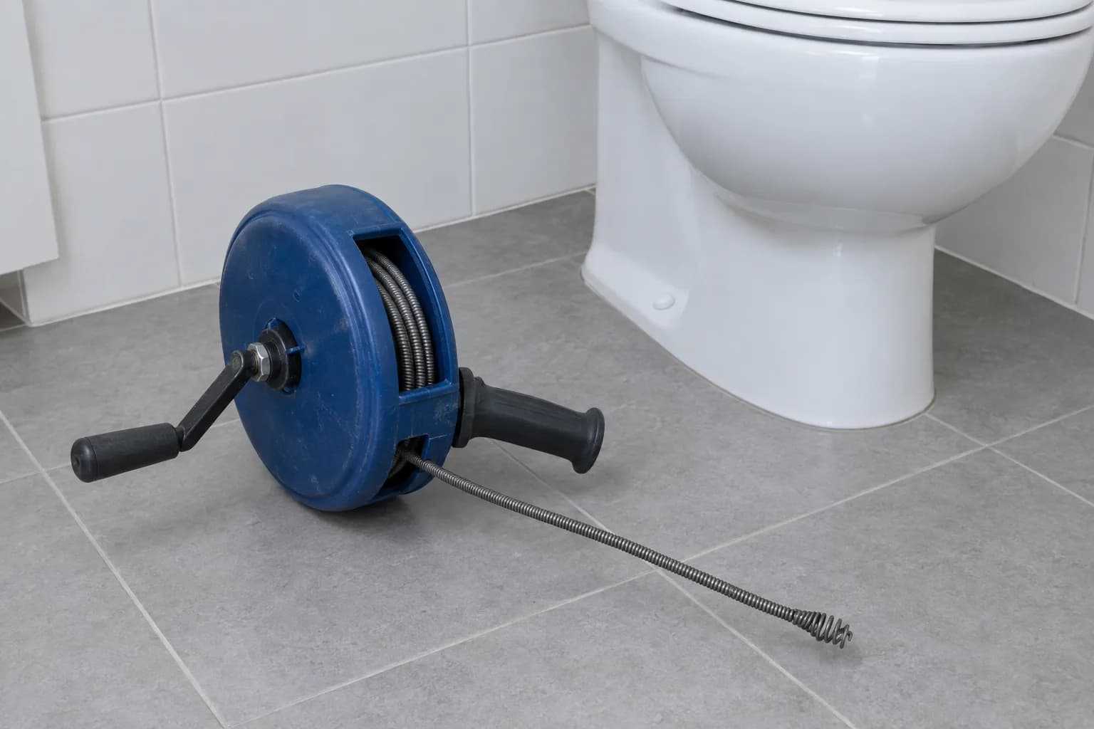 Uma mola de desentupir manual, com o cabo de aço enrolado num tambor azul, no chão de uma casa de banho, junto à base de uma sanita