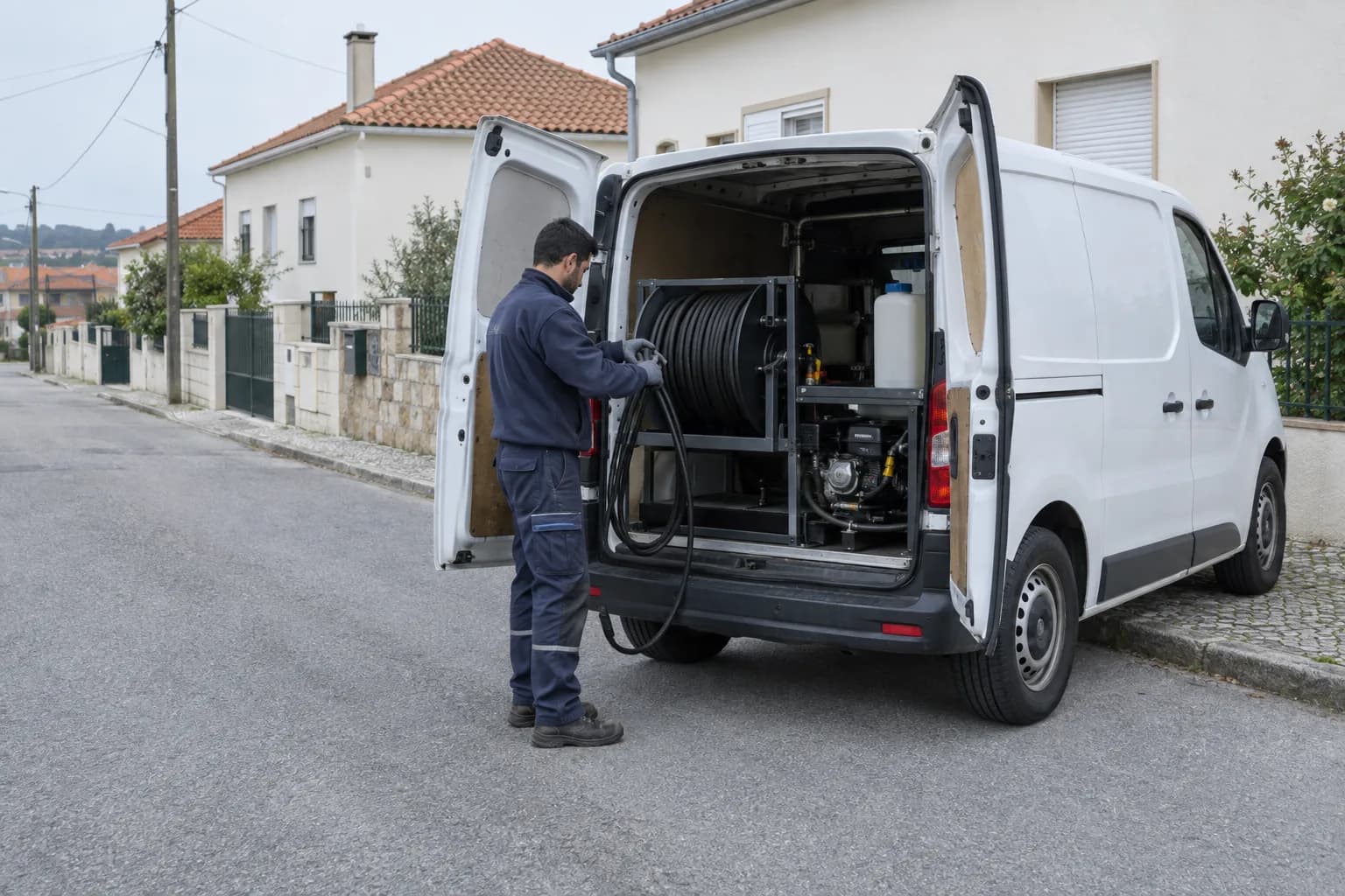 Técnico a enrolar uma mangueira de alta pressão junto a uma carrinha com o equipamento aberto, numa rua de moradias