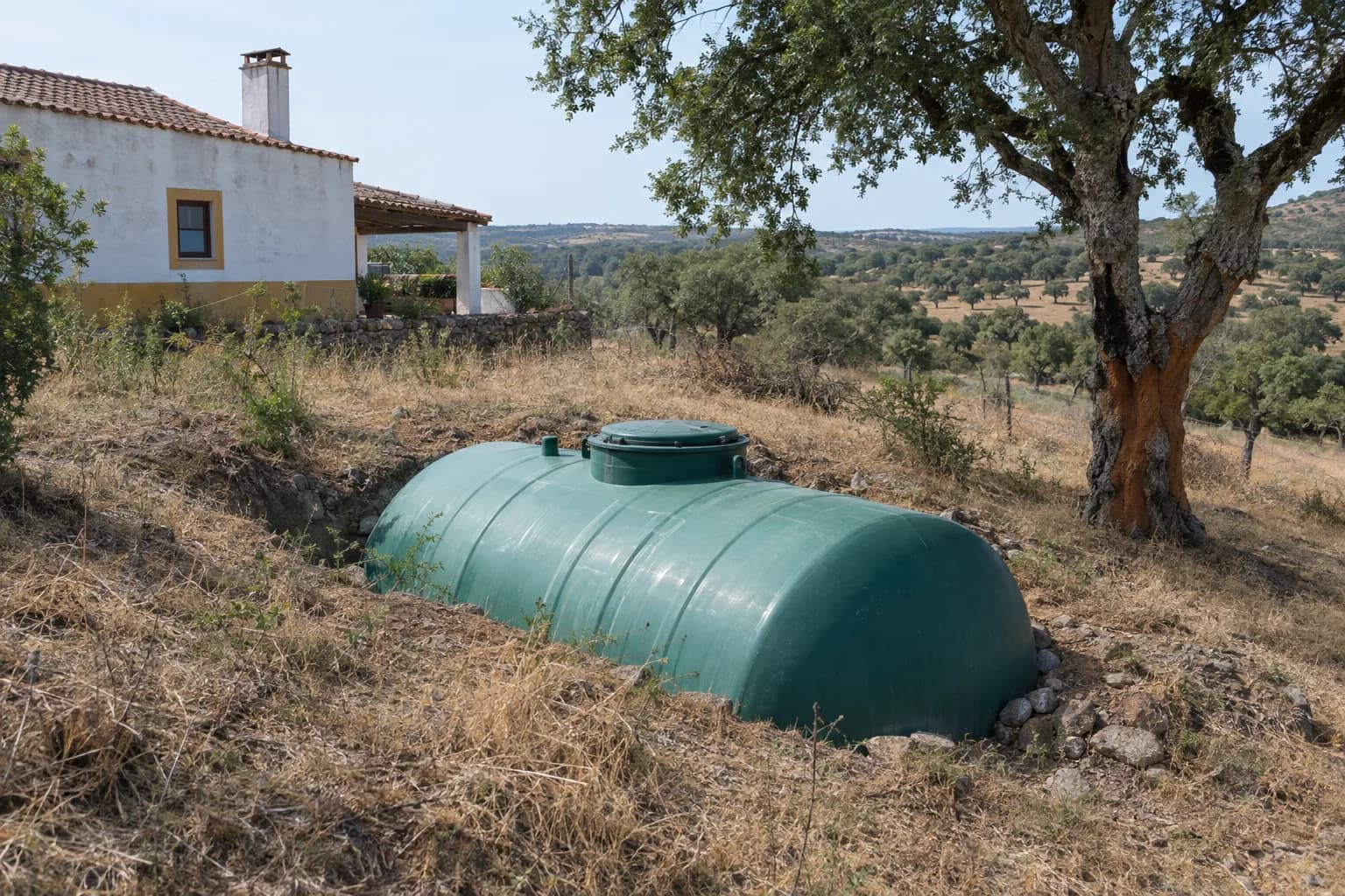 Depósito cilíndrico verde de plástico semienterrado num terreno em declive junto a uma casa de campo, com uma tampa de acesso redonda e um sobreiro