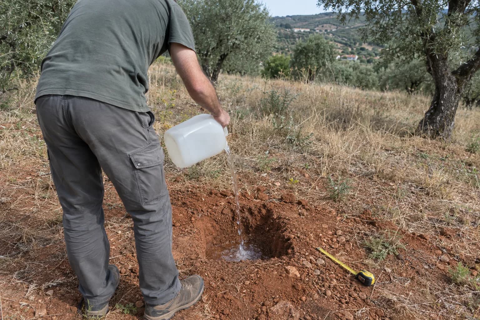 Ensaio de percolação num terreno rural: uma pessoa, vista de costas, deita água de uma garrafa num buraco pequeno na terra avermelhada, com oliveiras ao fundo
