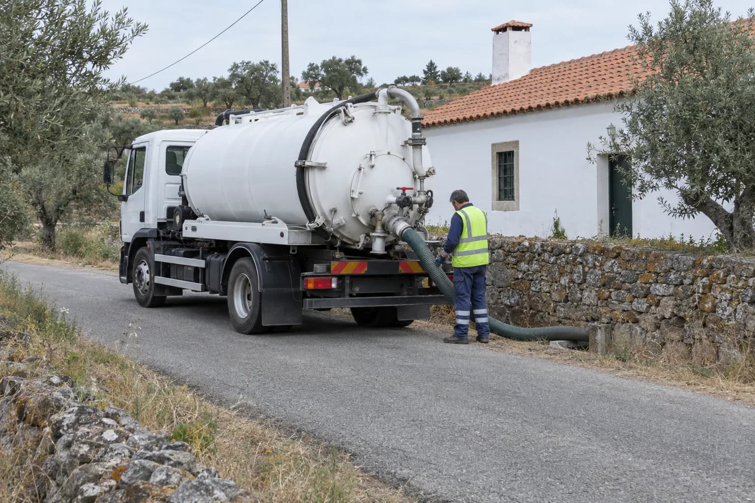 Camião cisterna de sucção estacionado numa estrada rural, junto a uma casa caiada, com um trabalhador a vigiar a mangueira.