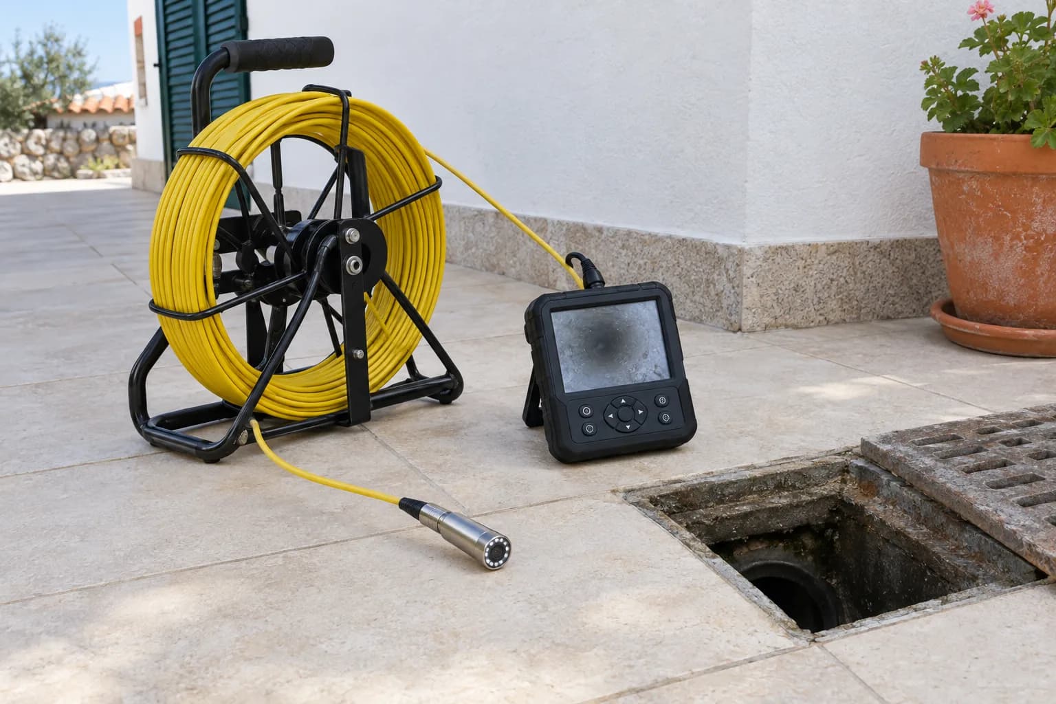 Bobina de cabo amarelo com câmara e um pequeno monitor, pousados no chão de um terraço junto a um ralo aberto