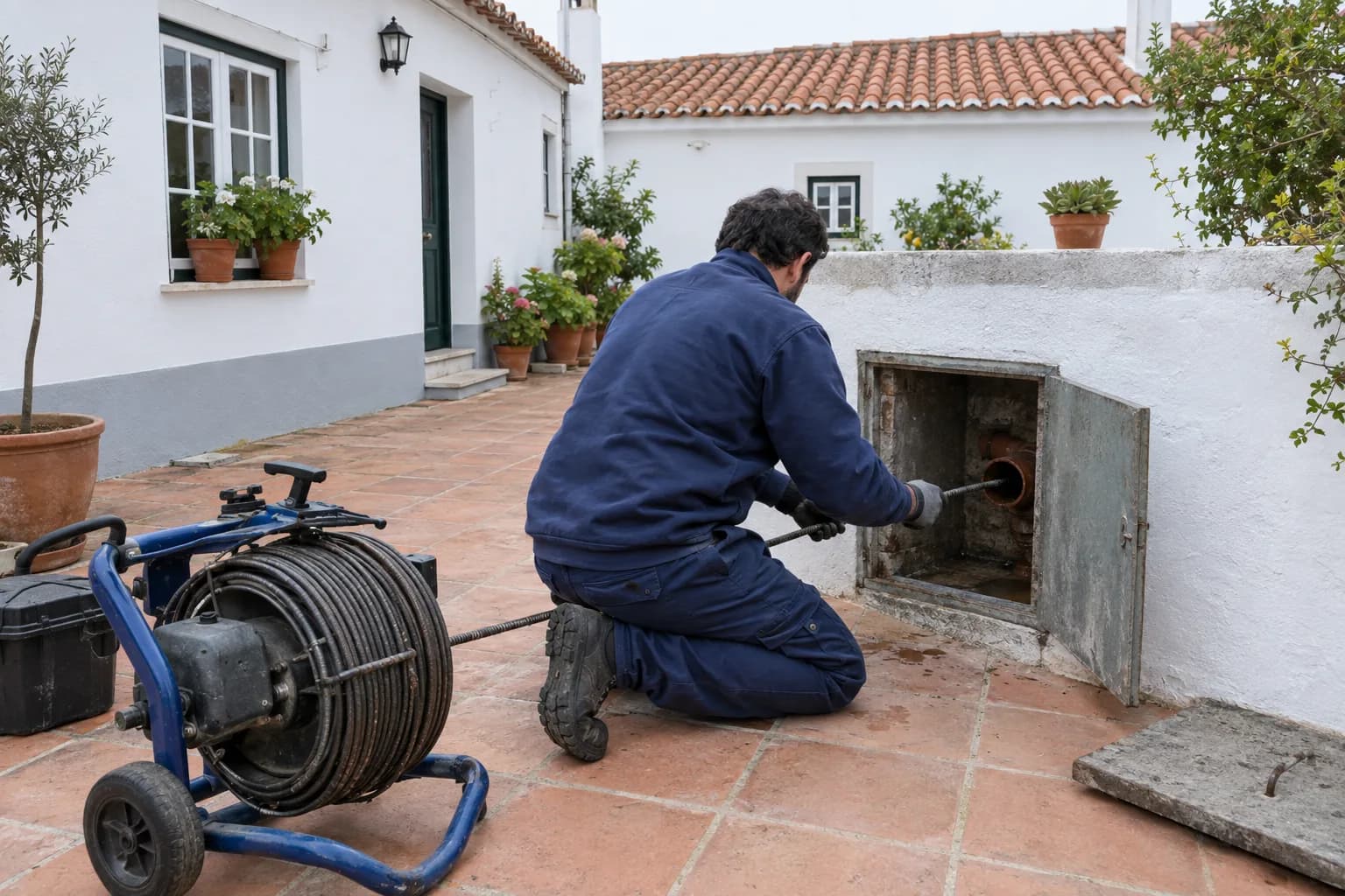 Técnico a introduzir uma mola de desentupir numa caixa de esgoto no pátio de uma casa